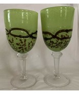 Green &amp; Copper Fused Swirl Art Glass Tall Stemware Water Wine Goblets 8”... - £31.85 GBP