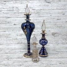 3 Egyptian Glass Perfume Bottles Blue &amp; Clear Gold Accent w Stoppers Hand-Blown - £29.10 GBP