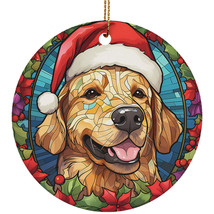 Cute Golden Retriever Dog Santa Hat Stained Glass Colors Christmas Ornam... - £11.83 GBP