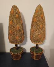 2 Topiary Trees Topiaries 24&quot; Wood Planter Base Faux Brown Bushes Mantel Decor - £47.62 GBP