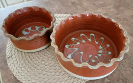 Two Vintage Stoneware Hand Crafted Casserole Bowls ABSTRACT Scalloped Ed... - £70.32 GBP