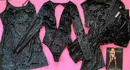 Victoria&#39;s Secret XS/S TEDDY+SLIP+KIMONO+thigh-highs Crushed Velvet Velour Black - £134.03 GBP