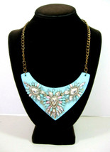Rhinestone Statement Necklace Pink Light Blue Plate Marquise Pear Stones Goldton - £13.32 GBP
