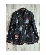 Denim &amp; Co Denim Jacket Charcoal Gray Wash Multicolor Floral Embroidery ... - £20.55 GBP