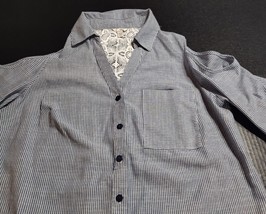 Woman’s Est. 1946 Lace Panel blue striped Blouse 3/4 tie sleeves button ... - $11.65