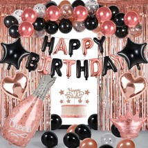Rose Gold Black Happy Birthday Party Decorations For Women Girls, Decor Set For  - £20.90 GBP