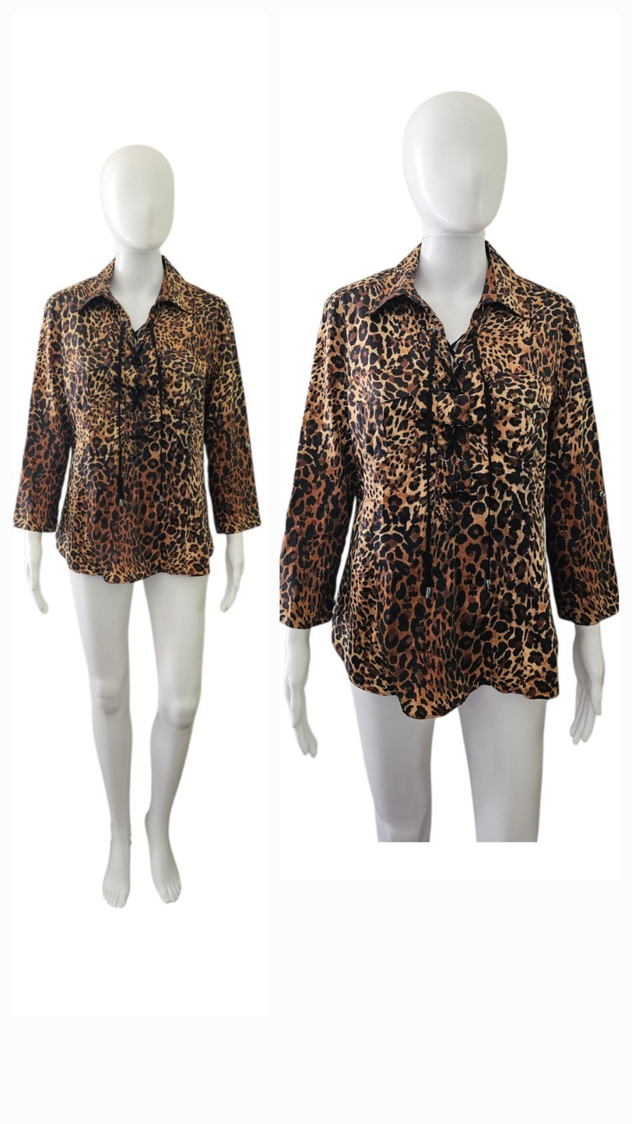 Lafayette 148 Animal Print Cheetah Cotton Lace Up Blouse Top Size 8 - $39.60