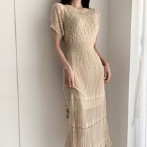 D summer dress women o neck high waist long dresses vestidos woman chic elegant apricot thumb200