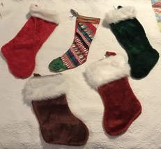 Vtg Christmas Stockings Lot of 5 faux fur + handcrafted patchwork red gr... - £22.34 GBP