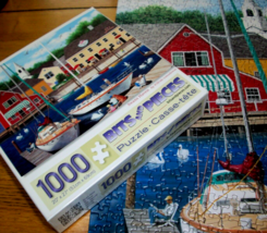 Jigsaw Puzzle 1000 Pieces Sailboats Kids Dog Swans Dock Church Shops Complete - £10.09 GBP