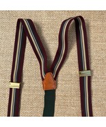 Vintage Suspenders Striped Burgundy Green Leather Button On Braces Mens - €50,84 EUR