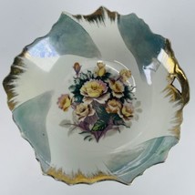 Vintage European Fine China Bowl One Handle Flowers Roses Gold Irregular... - £19.12 GBP