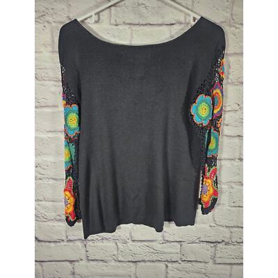 Joseph A.  Black Knit Top with Colorful Crochet 3/4 Sleeves Sz Medium Silk Blend Item image 2
