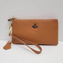 New Brown Leather Zip Wristlet Wallet Bumble Bee on Front - $16.75