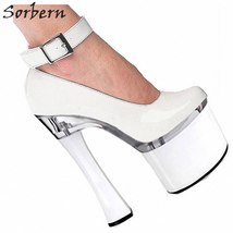 Vintage Ladies Shoes White Heels Square High Heels 18Cm Ankle Straps 8Cm Thick P - £131.56 GBP