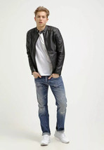 Men&#39;s Leather Jacket Royal Black Genuine Lambskin Leather Jacket Motorcycle - $2,143.75 MXN+