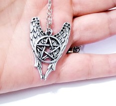 Pentagram Pentacle Necklace, Angel Wings Pendant, Silver Antiqued Charm Necklace - £22.36 GBP