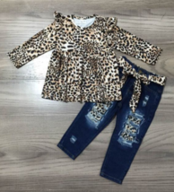NEW Boutique Leopard Shirt &amp; Denim Jeans Girls Outfit Set - £13.58 GBP+