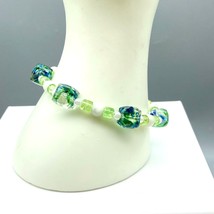 Vintage Art Glass Beaded Bracelet, Spring Green and Sky Blue Bangle with White - £22.06 GBP