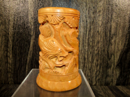 Vintage Hand Carved Wood 4&quot;Cup Pencil Container Wild Animal Elephant Lio... - £11.60 GBP