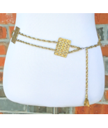 Vintage Retro Gold Chain Belt Tassel Basket Weave Rectangle Lattice Clas... - €25,86 EUR