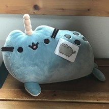 Gently Used Gund Large Blue w Gray Spots Pusheen Kitty Cat Narwhal Stuffed Anima - £10.46 GBP