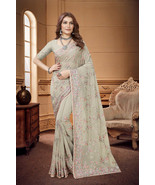 Designer Pista Heavy Resham Embroidery Work Sari Georgette Party Wear Saree - $88.95