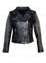 New Woman Black Silver Studded On Sleeves Punk Brando Style Leather Jacket-138 - £234.54 GBP