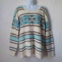 Xhilaration Fluffy Cream Sweater Women Large Aztec Striped Pullover Long Sleeves - £9.88 GBP