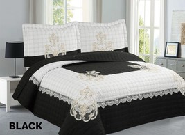 Juana Flowers Black Color Embroidery Bedspread Set 3 Pcs Queen Size - £38.65 GBP