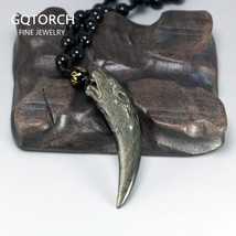 Natural Golden Obsidian Stone Viking Wolf Pendant Necklace for Men with Mantra B - £45.54 GBP