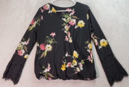 Thalia Sodi Blouse Top Womens Size Medium Black Floral Long Sleeve Wrap V Neck - £14.80 GBP