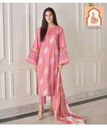 Peach Designer Silk Suit with Silver Chiffon Dupatta - Embroidered Top a... - $50.00
