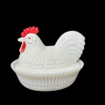 WESTMORELAND MILK GLASS CHICKEN ROOSTER ON NEST Covered Dish Vintage Red... - £14.94 GBP