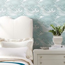 Asian Waves Peel And Stick Wallpaper In Teal And White By Roommates. - £33.05 GBP