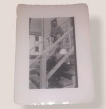 Two Soldiers Sitting &amp; Standing On Outdoor Steps Small Vintage Snapshot ... - £3.76 GBP