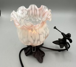 Night Light Pink Tiffany Style Shade Cherub Horn Figurine Cast Iron 5&#39;3&#39; Cord - $42.03
