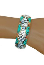 Handmade Golden Mosaic Bangle Bracelet Shards of Turquoise, Fake Coral &amp; Abalone - £12.27 GBP