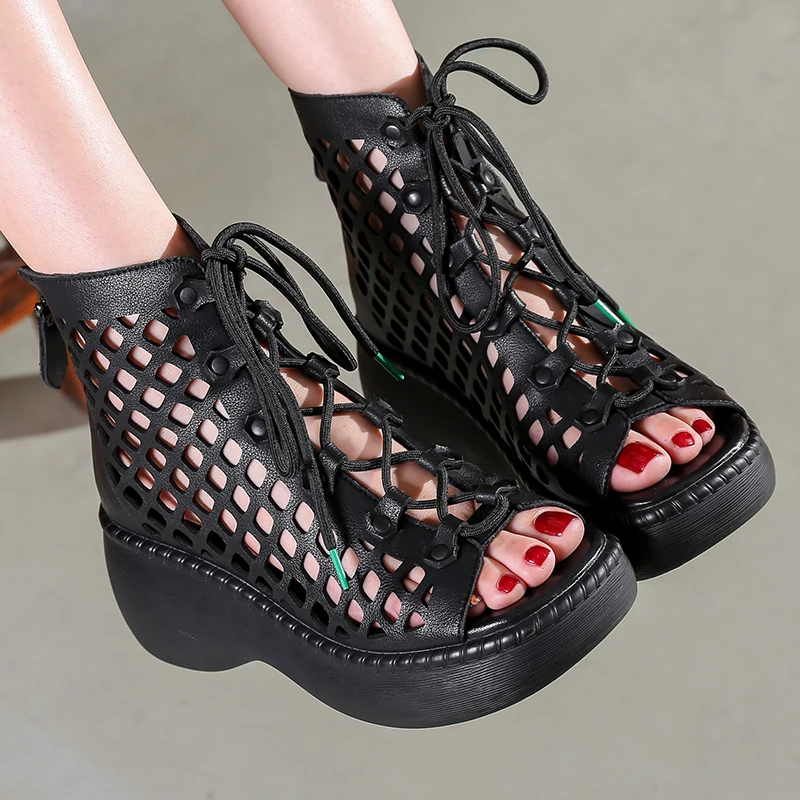 New Hollow Genuine Leather Sandals Women Shoes Sandals Platform Wedges Summer Sh - £149.96 GBP