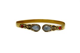 Tribal Brass Bracelet, Ethnic Bangle with Rainbow Moonstone, Indian Jewelry - £17.40 GBP