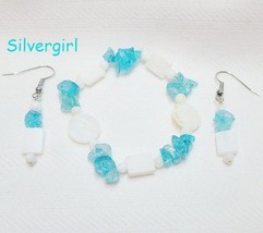 MOP Dyed Aqua Quartz Gemstone Bracelet Earring Set - $15.99