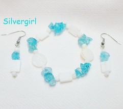 MOP Dyed Aqua Quartz Gemstone Bracelet Earring Set - £12.76 GBP