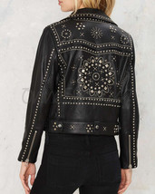 New Women Black Custom Designed Rounded Metal Studded Brando Leather Jacket - £179.91 GBP