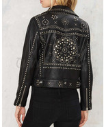 New Women Black Custom Designed Rounded Metal Studded Brando Leather Jacket - £180.91 GBP