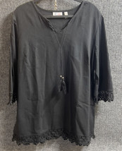 Denim &amp; Company Womens Large Black Shirt Lacey 3/4 Sleeve Pullover Tunic... - £11.10 GBP