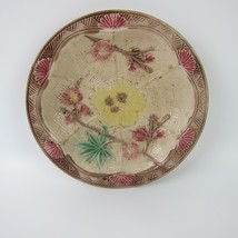 Majolica Deep Plate / Shallow Bowl Basket Weave Brown Rim Pink &amp; Yellow Flowers - £114.02 GBP