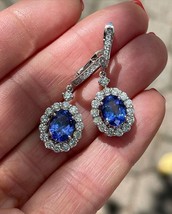14k White Gold Plated 2.60Ct Oval Simulated Sapphire Halo Drop/Dangle Earrings - £90.99 GBP