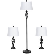 2 Table Lamps 1 Floor Lamp Set with Fabric Shades - Color: White - £87.58 GBP