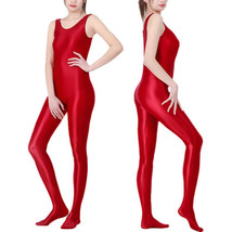 Women&#39;s Shiny Satin Glossy Bodysuit Wet Look Sleeveless Catsuit Footed Jumpsuit - £16.40 GBP