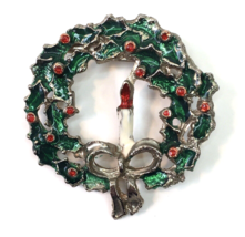 Vintage Christmas Wreath Brooch Candle Bow Holly Red Green White Enamel  - £9.43 GBP